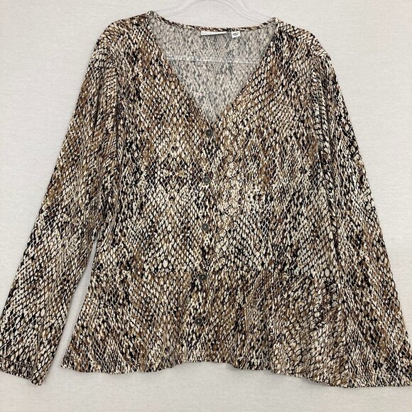 Susan Graver Brown Cream Animal Print V Neck Stretch Liquid Knit Button Down XL - Picture 1 of 9